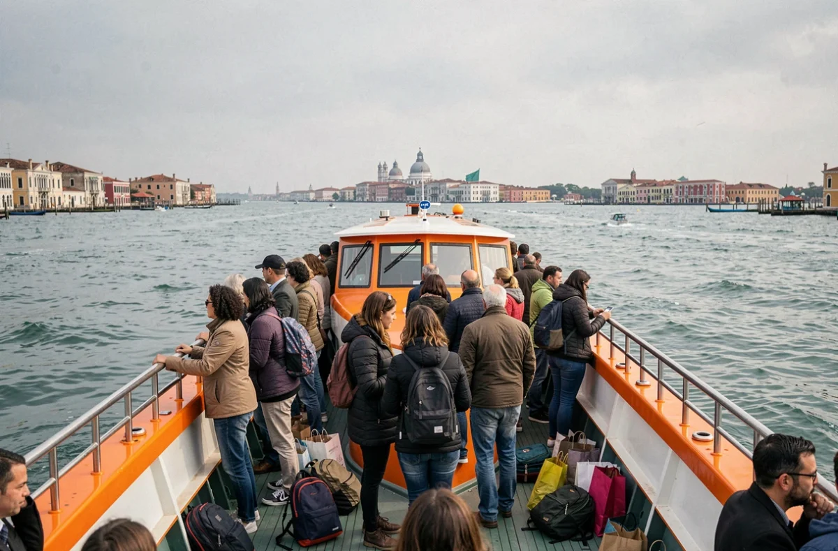 Vaporetto traversant la lagune de Venise vers l'île de Murano avec des passagers à bord