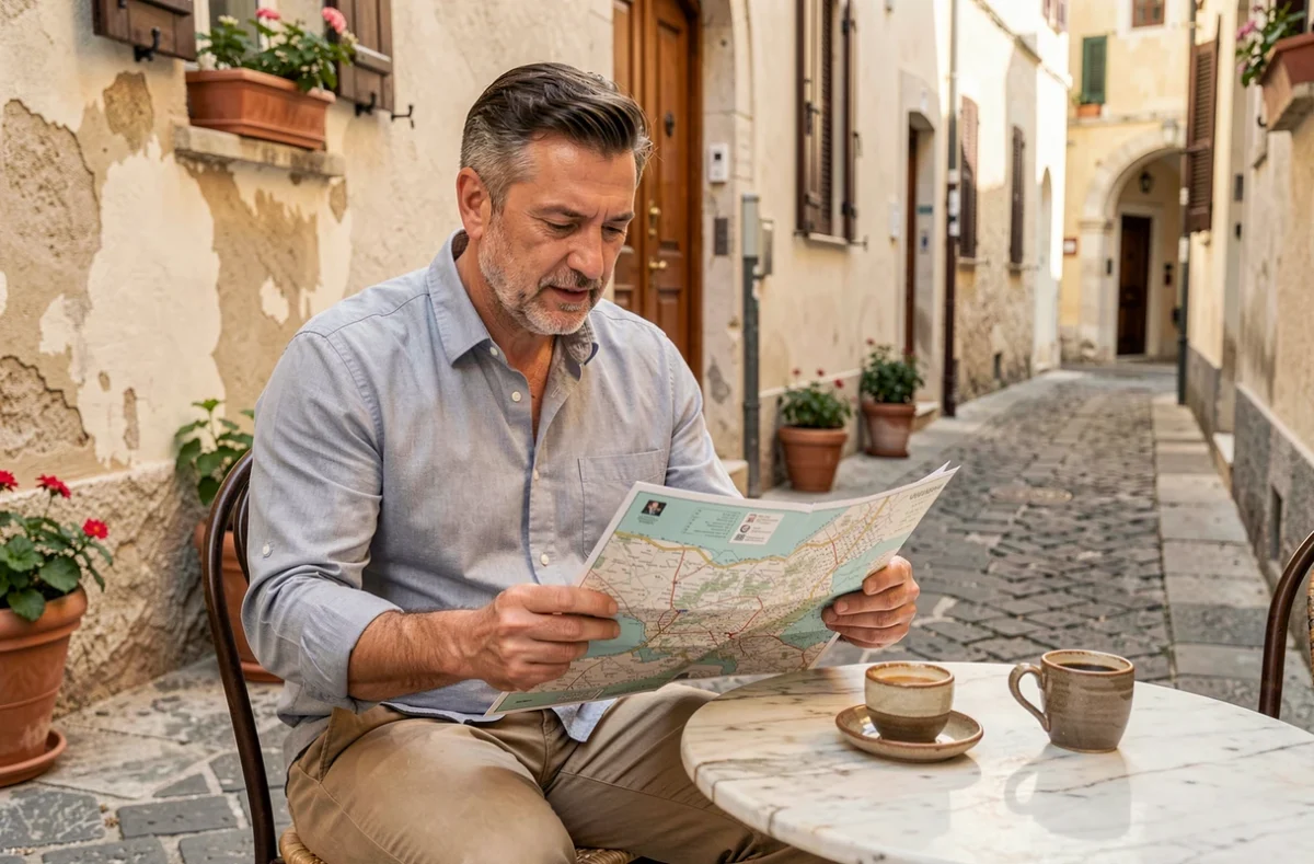 Voyageur consultant une carte papier dans un café d'une vieille ville méditerranéenne aux ruelles pavées